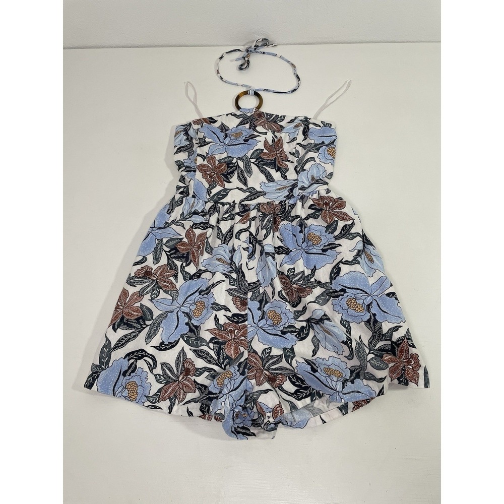 Old Navy Linen Blend Romper Women's Size M Blue Tropical Floral Euro-Summer